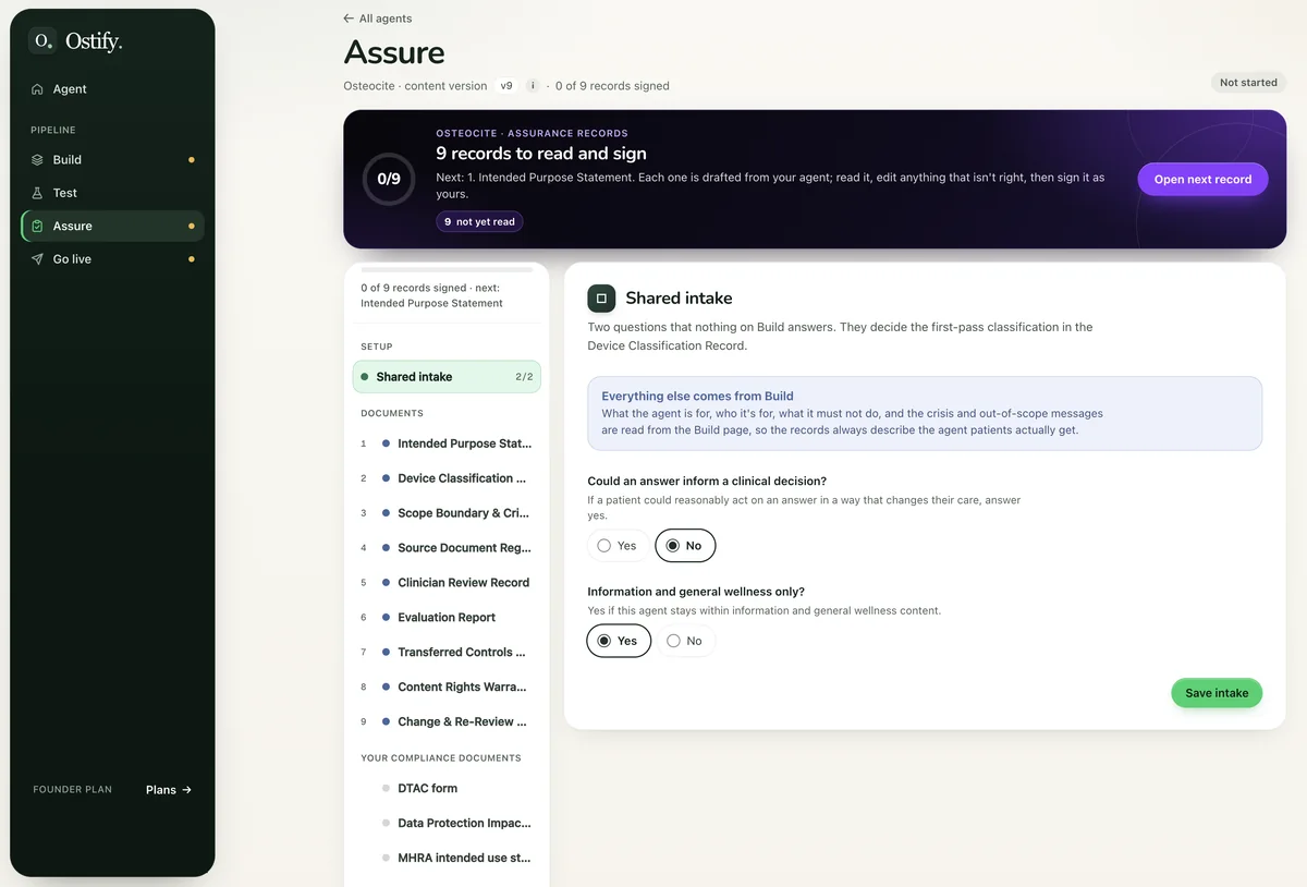 Osteocite Assure screen: nine records to read and sign, with your own compliance documents listed below.