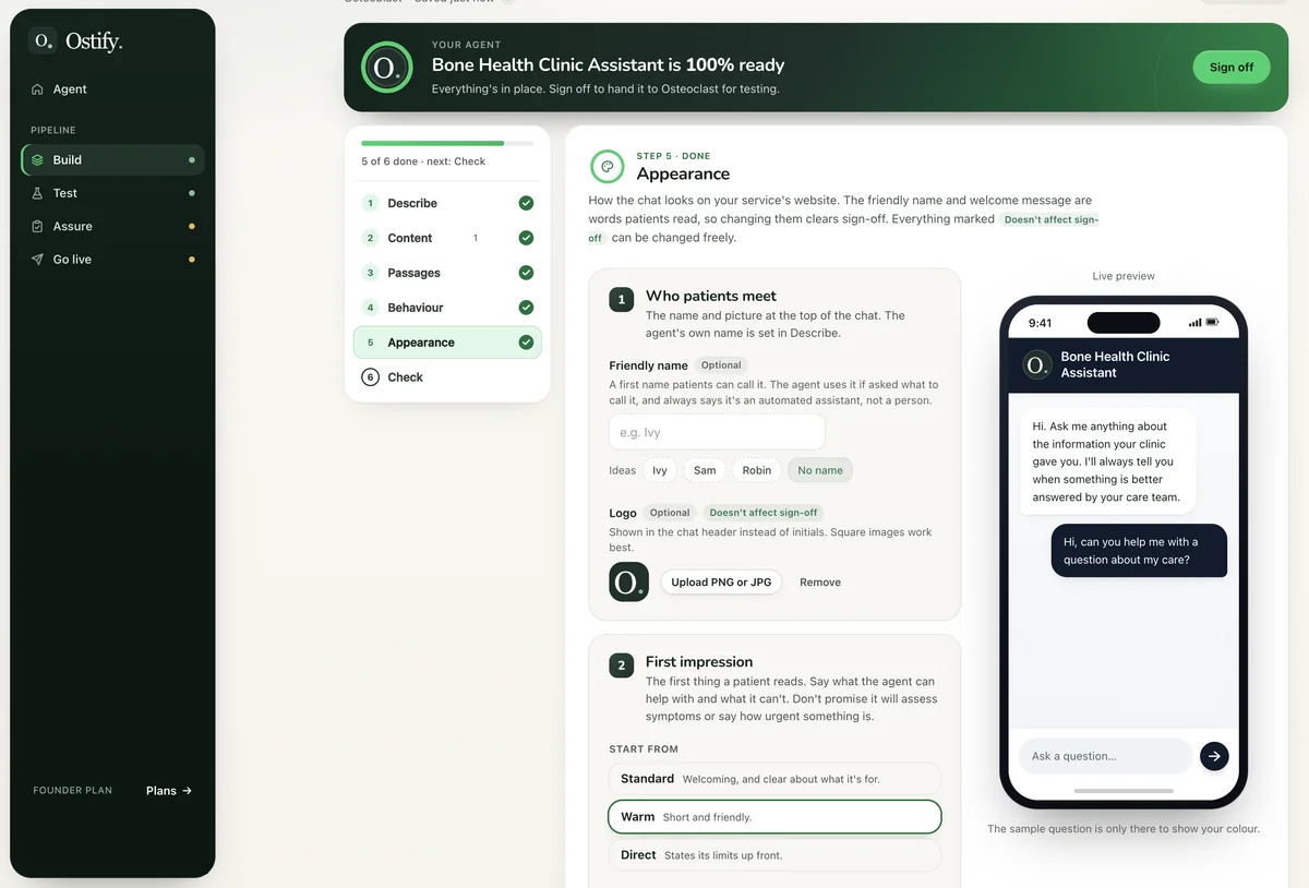 Osteoblast Appearance step: friendly name, logo and first message, with a live phone preview.